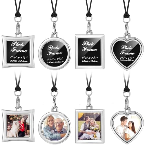 Valentinstag 4 Stücke Mini Fotorahmen Auto Rückspiegel Hängende Verzierung Metall Medaillon Fotorahmen mit 4 Stücke Wachsseile für Autospiegel, 4 Arten (Silber)