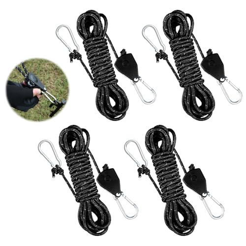 4 Stück Abspannseile mit Seilspanner, 4m x 4mm Einstellbare Seil Ratsche mit Haken, Camping Seil mit Spanner, Reflektierende Seilratsche, Windfestes Seil, Zeltschnur Leuchtend für Zelte,Sonnensegel