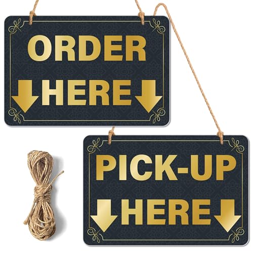 Lesnala Doppelseitiges "Order Pick up Here"-Schilder mit Schnur für Restaurants, Cafés und Bars, Bäckerei, Eisständer, Kiosk, Einzelhandel, Dekoration, 20 x 30 cm, schwarzes PVC, 4 Stück
