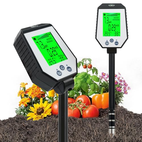 RYAKKA 6-In-1 Digital Bodentester Drehbar– Genaues Ph-, Feuchtigkeits-, Temperatur-, Licht- Und Ec-MessgeräT FüR Innen- Und AußEngäRtnerei, GewäChshäUser, BauernhöFe Und RasenfläChen