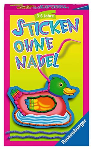 Ravensburger 23099 - Sticken ohne Nadel, Mitbringspiel für 1-4 Spieler, Kinderspiel ab 3 Jahren, kompaktes Format, Reisespiel, Bunte Wolle