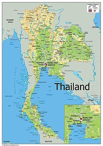 Physische Karte von Thailand – The Oxford Collection – Größe A1 – Papier laminiert