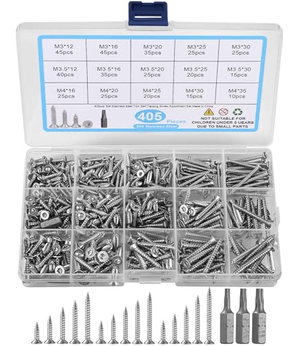 405 Stück Selbstschneidendes Schrauben-Sortiment-Set,M3/M3,5/M4,12/16/20/25/30/35mm,Holzbauschrauben, Edelstahl Blechschrauben mit 3 Stück Bits,Edelstahl-Senkkopf-Torx-Selbstbohrschrauben