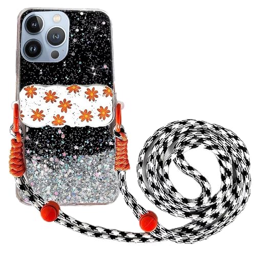 Rnrieyta Miagon Handykette Hüll für iPhone 12 Pro Max Glitzer Durchsichtig Case mit Universal Blume Telefon Clip Kordel zum Umhängen Handyanhänger Halsband Lanyard