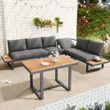 Merax Gartenmöbel Set, Balkonmöbel mit Verstellbarer Neigungsfunktion (5-stufig, bis 55°), Terrassenmöbel aus Verzinktes Stahlrohr mit Esstisch, Tischplatte aus Kunststoffholz, Grau + Schwarz