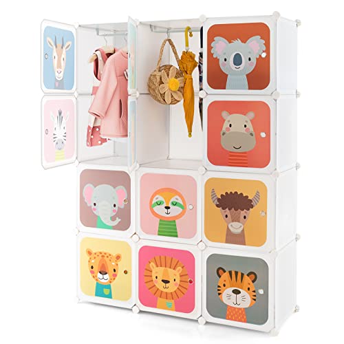 COSTWAY Kleiderschrank Kinder, Regalsystem aus Kunststoff mit 12 Würfeln, Kinderregal erweiterbar mit Türen & 2 Aufhänger, Aufbewahrungsschrank Steckregal für Kinderzimmer, Spielzimmer (Weiß)