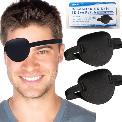 RIKEYO 2er-Pack Schwarze Medizinisch Augenklappen für Erwachsene und Kinder, 3D verstellbare Augenklappe für rechtes oder linkes Auge, Piratenkostüm augenklappe