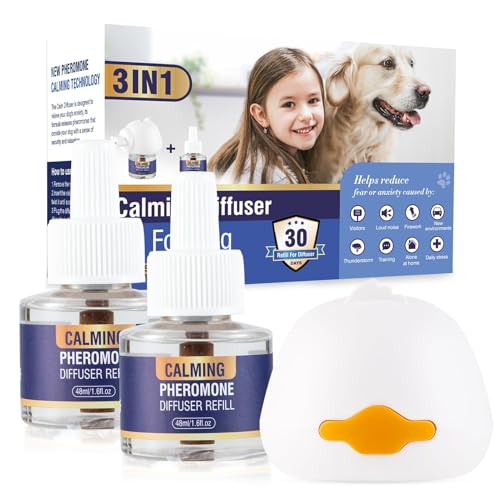 Piuess Pheromone Hund 3 In 1 Kit Dog Diffuser Calming Beruhigender (1 Beruhigung Steckdose +2 Nachfüllflakon) Beruhigungsmittel Zur Reduktion Von äNgstlichem Verhalten Gewitter Feuerwerk Geschmacklos
