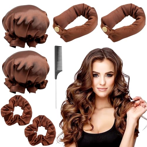 ZOCONE Locken Ohne Hitze Seide Weich Lockenwickler über Nacht Hair Curler Heatless Curls Band Silk Lockenband Seide Frisurenset Overnight Curls Satin Overnight Blowout Lange Haare Mittellange (Braun)