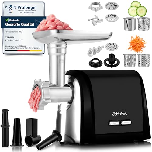 ZEEGMA Molen Chef Elektrischer Fleischwolf, 1900 W mit 3 Schleifplatten aus Edelstahl, 3 kg/min, Wurstfüller, Kubbe, Zerkleinern, Schneiden, REV-Funktion, Zubehör-Set, Spezialgeräte