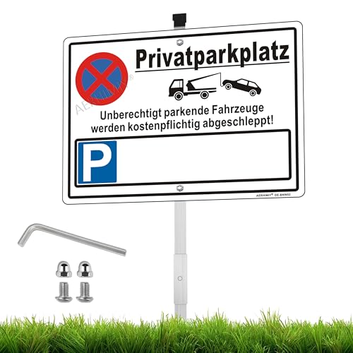 XL Privatparkplatz Schild mit Kennzeichen Aluminium Reflektierend 25×35cm mit 70cm Metallhalterung und Zubehör, UV-beständig, Wasserfest, Rostfrei