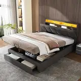LAKFEW Polsterbett 140x200 cm mit LED-Beleuchtung, Doppelbett mit Stauraum und 2 Schubladen, Erwachsenenbett mit Hydraulischem Stauraum, Bettgestell Bett mit Lattenrost, Ohne Matratze, Grau, Leinen