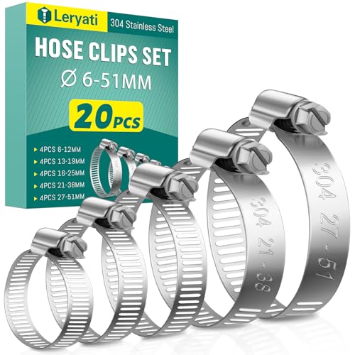 20 Stück 6-51mm Schlauchschellen Edelstahl Set, Leryati Schlauchschelle 304 Schellen, Schlauchklemme Kein Schlauchbinder Mini Rohrschellen und-Schraubzwingen für Pool, Waschmaschine und Garten