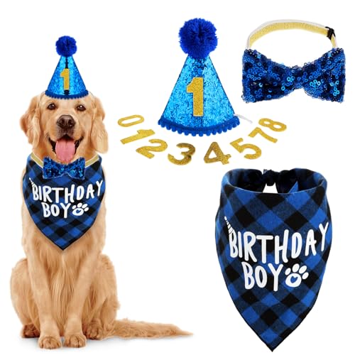 WLLHYF Geburtstagsparty-Zubehör für Hunde - Bandana-Set, Geburtstagsmütze Mit Zahlen, Fliege für Kleine, Mittelgroße und Große Haustiere (XL-Bandana)