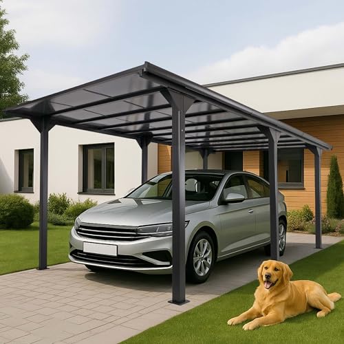 Alu-Carport HWC-O23, Autoüberdachung Garage Unterstand, 10cm-Gestell Polycarbonat-Dach Regenrinne, 3x6m - anthrazit