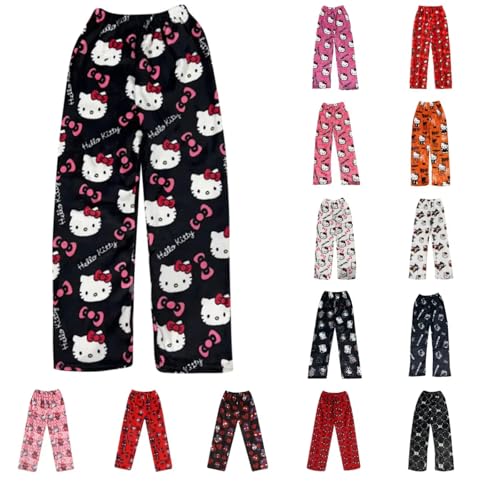 Pyjamahose Damen Lang, Pyjama Hose Damen Flanell Schlafanzughose Flauschig Schlafanzug Hosen Y2K Anime Cartoon Kuschelhose Zuhause Schlaf Schlafhose Bequeme Schlafanzughosen für Teenager Mädchen