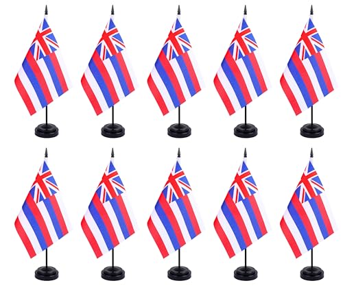 ZXvZYT Hawaii-Flagge, Banner, USA, hawaiianische Schreibtischflagge, Set, kleine Mini-hawaiianische Staatsbüro-Tischflaggen mit 30,5 cm langer massiver Stange, schwarzer Standfuß, Dekorationen (12