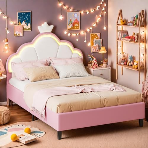 Polsterbett 90x200 cm, Kinderbett 90x200, Kronenförmiges Prinzessinnenbett, LED Bettgestell für Mädchen, mit verstellbares Kopfteil, Flanellstoff, Rosa(90 x 200 cm)