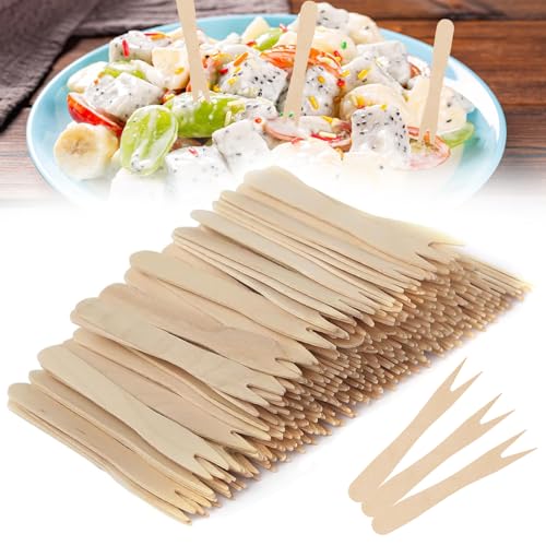 Pommesgabel Früchte Gabel Holz Pommes Besteck 200 Stück Holzbesteck Einweg für Partybesteck Geburtstag Camping und Picknick 85 mm (85mm)