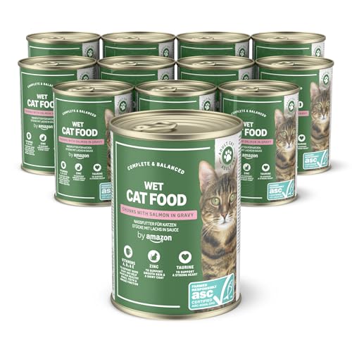 by Amazon Nassfutter für Katzen, Stücke mit ASC-zertifiziertem Lachs in Sauce, 12 x 415 g