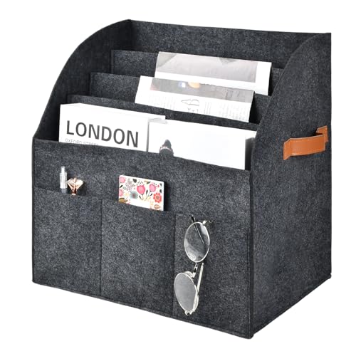 Dewocke Zeitschriftenständer Modern, Abnehmbare 4-lagige Trennwand Zeitschriftensammler, Bücherkorb Treppenkorb, Aufbewahrungsständer für große Filz-Zeitungskörbe, Lager für Haus und Büro, Dunkelgrau