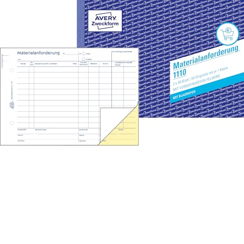 AVERY Zweckform 1110 Materialanforderung (A5 quer, 2x50 Blatt, mit 1 Blatt Blaupapier und 1 Durchschlag, zur Angabe von Menge, Bezeichnung, Kostenstelle, Verbrauch, Buchung u.v.m) weiß/gelb