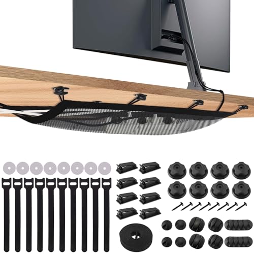 Kabelnetz Schreibtisch für Kabelmanagement Untertisch, Kabelkanäle Kabelwanne Kabelrinnen mit 8 Haken, 8 Befestigungsschrauben, Verstellbare Kabelklettbänder, Kabelhalter, Kabelclips (70 x 30cm)