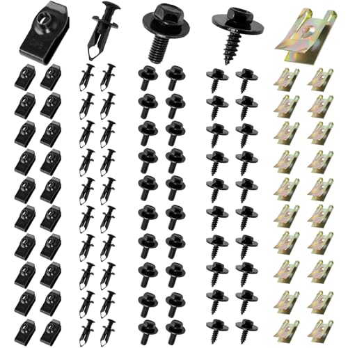 100 Stück Blechmutter Schraube Mutter Clip Kit Kotflügelclip Blechmuttern Befestigung Clips für Auto Feder Blechnmutter und U Typ Karosserieschrauben