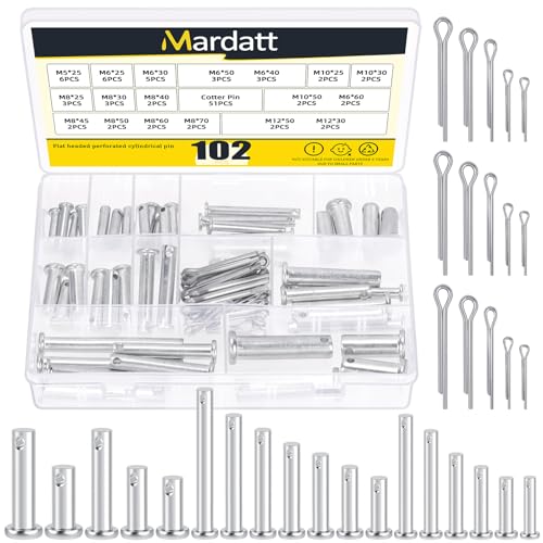 Mardatt 51 Stück 18 Größen Einloch Gabelbolzen mit 51 Stück Splint Sortiment Kit, M5 M6 M8 M10 M12 Verzinkte Single Hole Clevis Pins, Flat Head Clevis Pins mit Zufällige Größe Split Splint