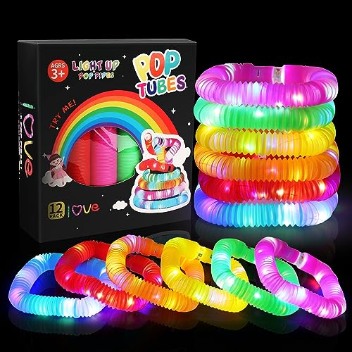 12 Stück Pop Tubes, 2024 LED Pop Tubes Fidget Toys Knicklichter Armbänder Party Deko Set Leuchtstäbe Buntes Festival Zubehör Sensorik Spielzeug Kleine Geschenke