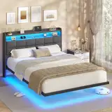 AOGLLATI Polsterbett 140x200 cm, Doppelbettgestell, Bettrahmen mit LED-Beleuchtung und Ladestation, Bettgestell mit Kopfteil, Bett Schwebebettrahmen, Metallbett, Leinen, Dunkelgrau (ohne Matratze)