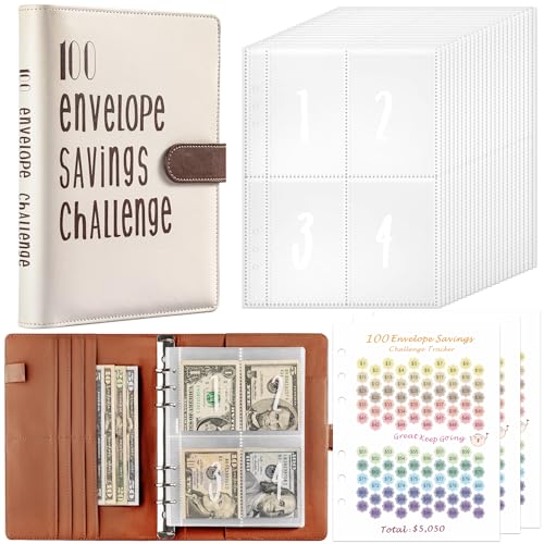 100 Envelope Challenge Binder,Challenge Budget Planer,Saving Binder Mit Challenge Tracker und Pre-numbered Taschen,Fun Way to Save,Budget Binder with Cash Envelopes for School,Home,Office (Braun)