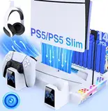 Elegamefy PS5 Standfuß für PS5/PS5 Slim Disc & Digital Konsole, Vertical Ständer mit Kühler Lüfter, Dynamisch Licht, Headset Halterung, Spiele Lagerung, Controller Ladestation für PS5 Zubehör Taschen