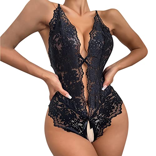 Cosplay Bandagen Druckknopfverschluss, sexy Spitzen-Bodysuit mit tiefem V, Teddy-Spitze- Open Cup(Schwarz,XXL)