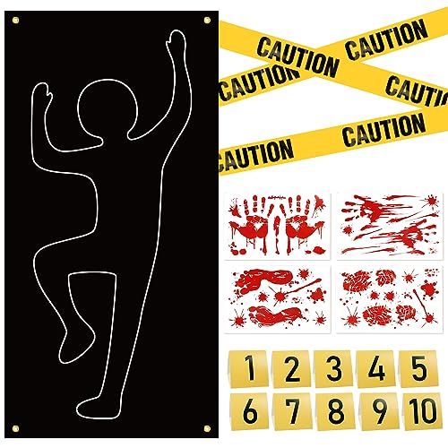 SUNYOK Halloween Tatort Dekorationen 18pcs Warnband Halloween Absperrband 1–10 Beweismarker Halloween Aufkleber Blutige Handabdrücke Fußabdrücke Schwarzer Vorhang für Halloween Party Horror Deko