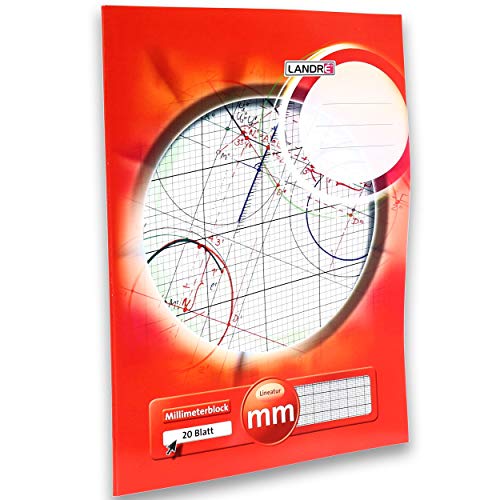 Landré Millimeter-Block A3, 80 g/m² Papier, 20 Blatt Kopfgeleimt, Linienfabe rot