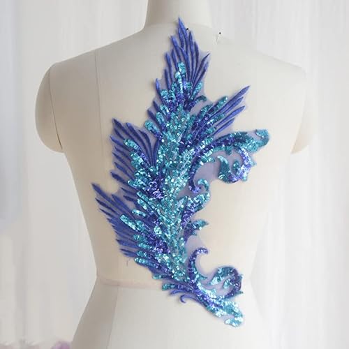 Yulakes 1PCS Pailletten Feder Applikation, Sew On Patch Embroidered Lace Spitzenausschnitt und Strassbesatz,Spitzenapplikation Blumenstickerei Patch für DIY Ausschnitt Hochzeit Brautkleid (Blau)