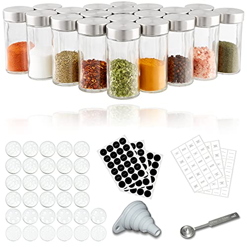 Kesign 20er Gewürzgläser Set - mit hochwertigem Edelstahldeckel - Gewürzdosen rund incl. Etiketten, Streueinsatz, Trichter und Edelstahllöffel für Gewürze - Perfekte Aufbewahrung für die Küche