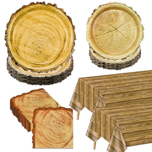 Rustikale Holz Party Dekorationen Geschirr - Holz Party Teller und Servietten Sets, Holz Tischdecke für Rustikale Party Dekorationen Woodland Party Dekorationen Camping Zubehör, Serve 40