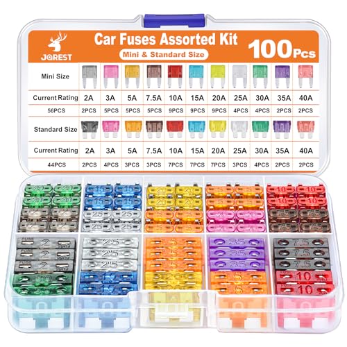 JOREST 100Pcs Kfz Sicherung Set, 56 Mini Flachsicherungen Auto + 44 Standard sicherungen kfz + 1 Sicherungszieher - für PKW/Wohnmobil/LKW/Motorrad (2 Ampere 3A 5A 7.5A 10A 15A 20A 25A 30A 35A 40A)