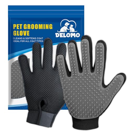 DELOMO Haustierpflege-Handschuhe - Katzenbürsten für sanftes Haaren - Effiziente Haarentfernungshandschuhe - Waschhandschuhe für Hunde mit langem & kurzem Haar, Katzen & Pferde - 1 Paar (Grau)