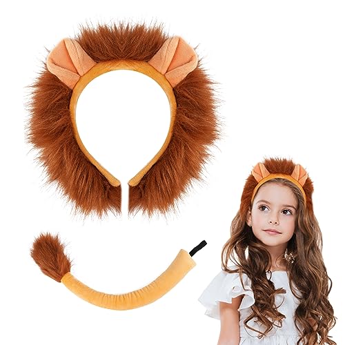 ACWOO Löwe Stirnband Schwanz Set Tier Kostüm Set Halloween Kostüme Plüsch Löweohren Löweschwanz Cosplay Set Haarreifen Löwe Tierohren Schwanz Set Haarspange Headwear Damen