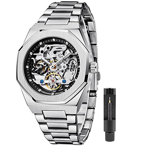 Tiong Silberne Herrenuhr Luxus Automatische Mechanische Edelstahl Modegeschäft Hohle Uhr,Mechanische Uhr Herrenuhr