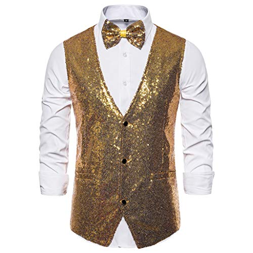 Anzugweste für Herren Glitzer Weste mit Fliege Set Ärmellos Anzugwesten V-Ausschnitt Blazer Pailletten Sakko Glänzende Herrenjacke Anzug Westen Karneval Kostüm für Hochzeit Party Festlich Disco Outfit