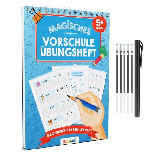 Edubini Magische Vorschule Übungshefte ab 5 Jahren für Junge & Mädchen - [HEFT + STIFT] - Wiederverwendbare Schreiblernhefte für Vorschule - Buchstaben lernen