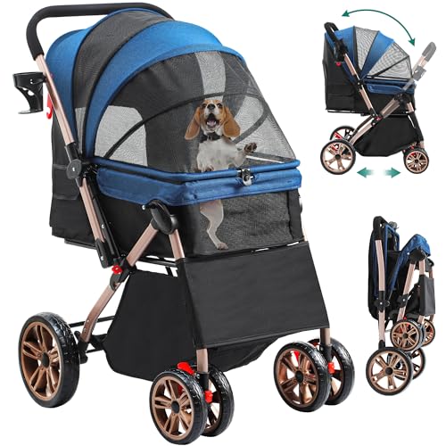 YITAHOME Faltbarer Hundebuggy für kleine Hunde, Haustierbuggy mit umkehrbarem Griff, Netzfenstern, Getränkehalter, 360° drehbare EVA-Räder mit Bremsen (Blau)
