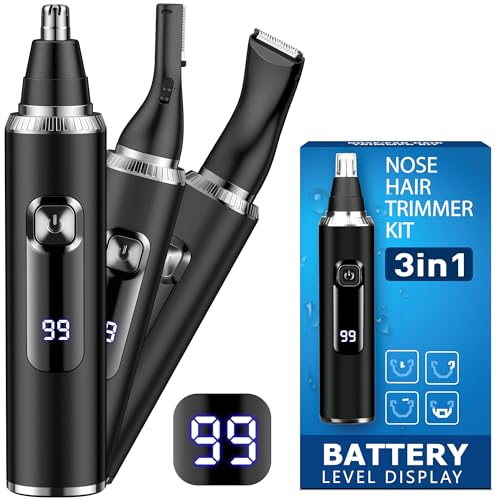 Nasenhaartrimmer Herren, 3 In 1 Nasenhaarschneider mit LED Akku Anzeige,USB-C Nasentrimmer Ohrhaartrimmer Augenbrauenrasierer,für Männer & Frauen,Gesichtshaarentferner Doppelklingen Schmerzfreier IPX7