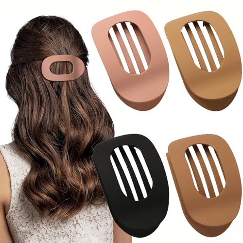 Yeomju 4 Stück Braun Matt Flache Haarklammern Set,Flat Claw Clip für Damen, Runde Lay Down Haarklammer für dickes und dünnes Haar, Bequeme, gebogene flache Clips