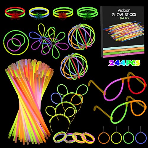 Vicloon Knicklichter,244 Stück knicklichter party set,knicklichter mit verbinder,Brillen, Ohrringe, viel Zubehör,glow sticks party pack für Hochzeiten Geburtstage Festivals Party…