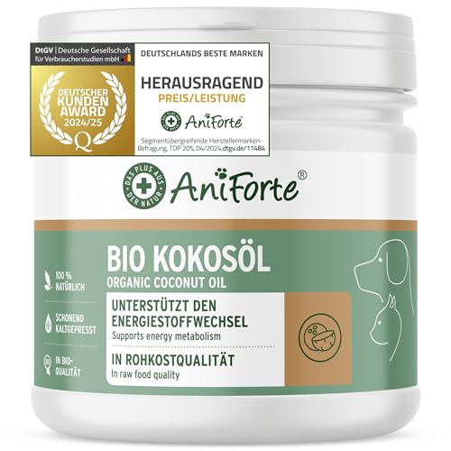 AniForte Bio Kokosöl für Hunde & Katzen 400 ml Lebensmittelqualität - Erste Kaltpressung, Nativ, Unraffiniert, Hoher Laurinsäure Gehalt, Pflege für Fell, Pfote & Haut, biologischer Anbau, Barf Zusatz